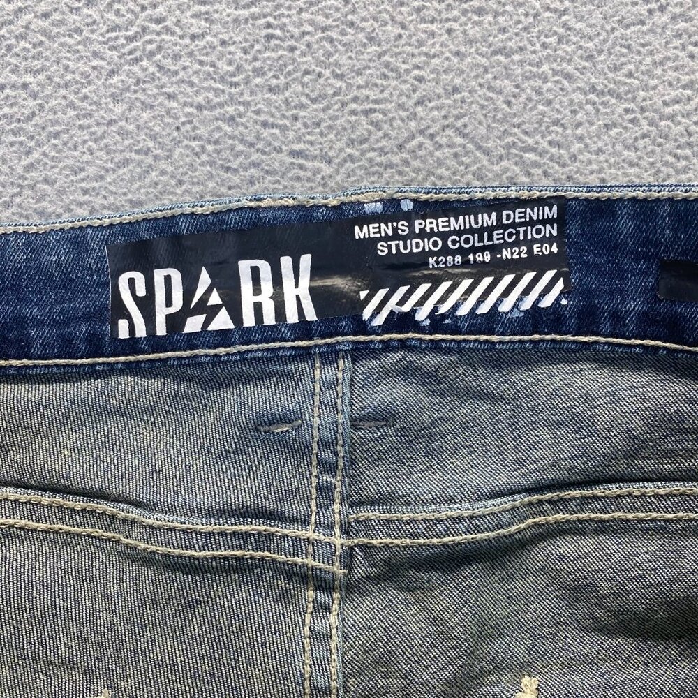 SPARK PREMIUM 29X38 Stretch Ripped Distressed Flare Fit Stacked Denim Jeans - Picture 2 of 14